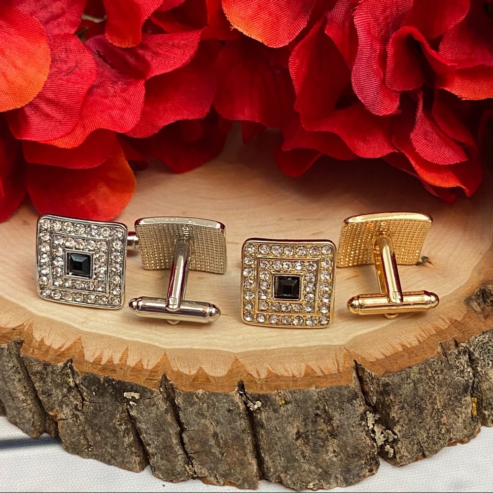 Square Cufflinks with Black & Silver Crystals - Picture 5 of 16